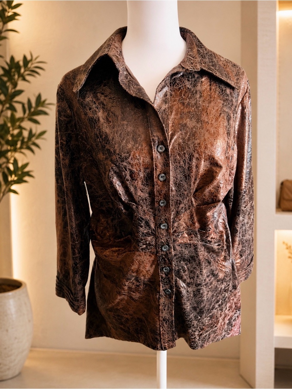 Boho Chic Brown Crinkled Button-Front Blouse